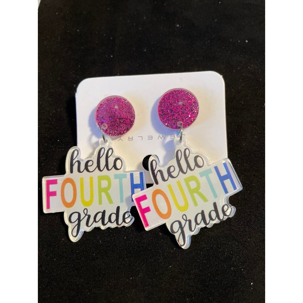 Hello Fourth Grade Dangle earrings New Pink glitter rainbow letters Acrylic